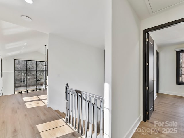 hall with lofted ceiling and light hardwood / wood-style flooring