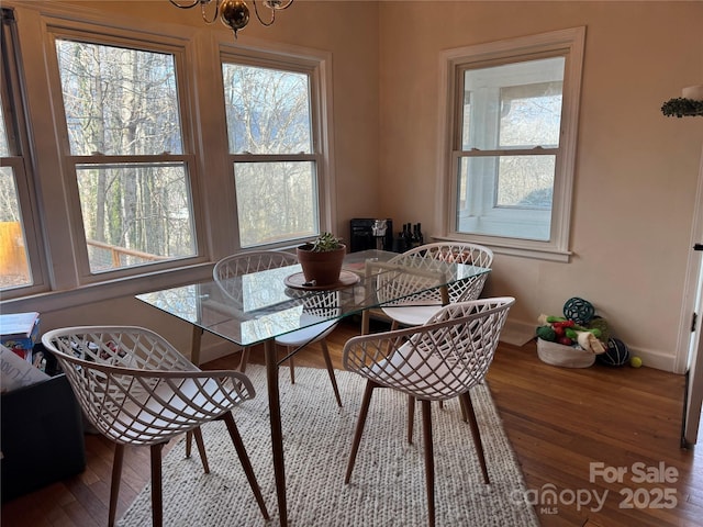 dining space featuring an inviting chandelier, hardwood / wood-style flooring, and a wealth of natural light