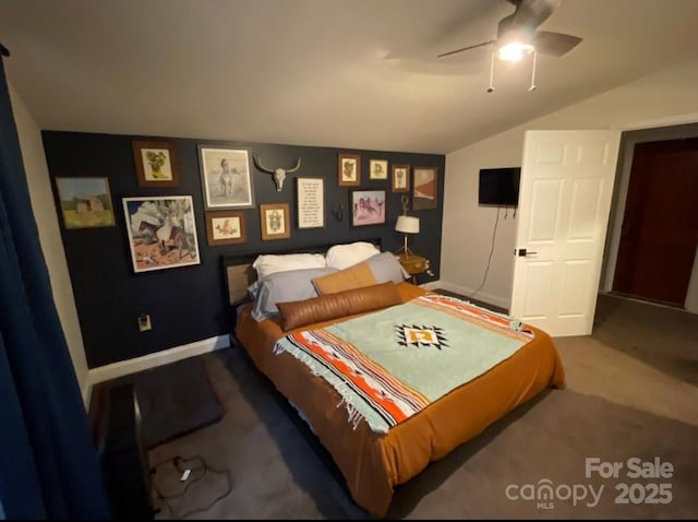 bedroom featuring ceiling fan, carpet flooring, and vaulted ceiling