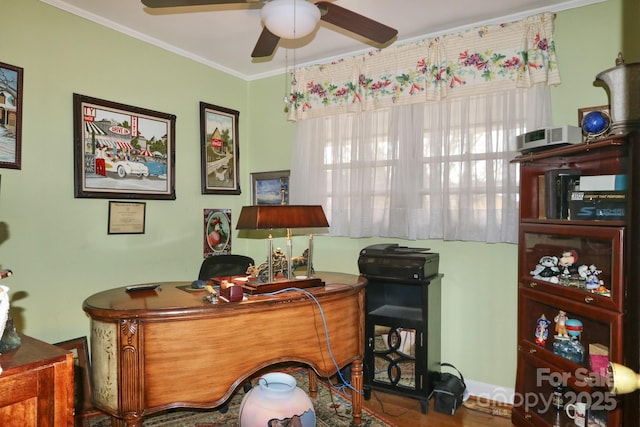 office featuring crown molding and ceiling fan