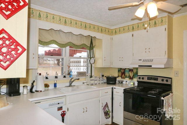 kitchen with dishwasher, white cabinetry, sink, stainless steel range with electric stovetop, and a textured ceiling