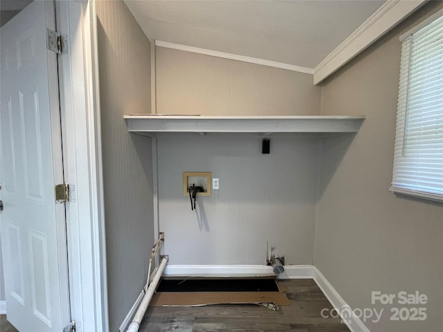 1404 Linwood Rd, Gastonia, NC 28052 - washroom featuring hookup for a washing machine, crown molding, dark wood-type flooring, and baseboards