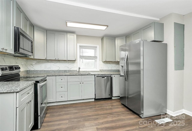 kitchen featuring light stone counters, dark wood-style floors, electric panel, a sink, and stainless steel appliances