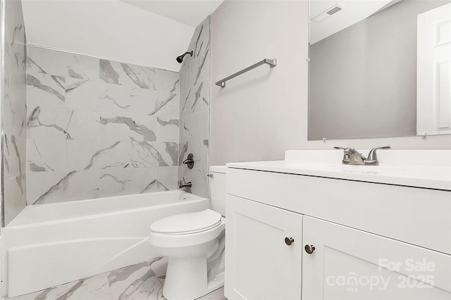 bathroom featuring visible vents, toilet, marble finish floor, shower / tub combination, and vanity