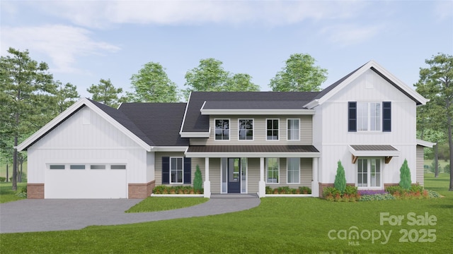 modern inspired farmhouse featuring a porch, a garage, and a front yard