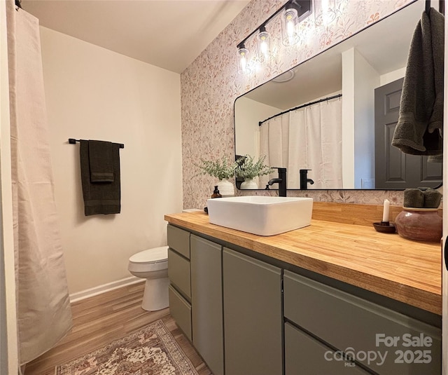 bathroom featuring hardwood / wood-style flooring, vanity, and toilet