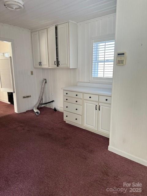 interior space with cabinets and dark carpet