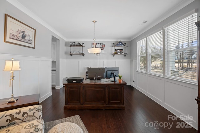 office space featuring ornamental molding and dark hardwood / wood-style floors