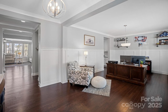 office space with dark hardwood / wood-style flooring and ornamental molding