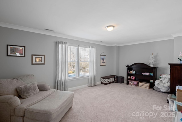 sitting room with crown molding and light carpet