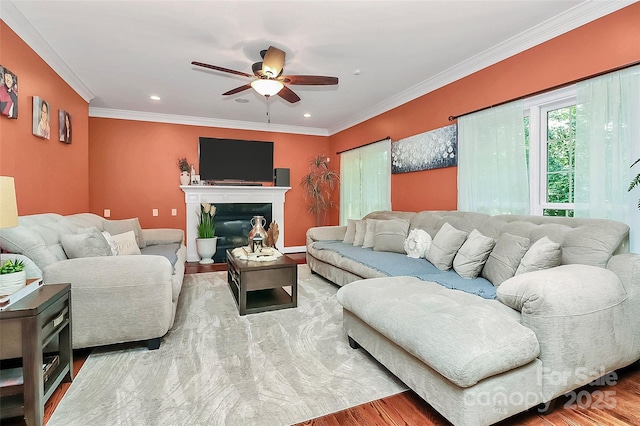 living room with ceiling fan, wood-type flooring, and ornamental molding