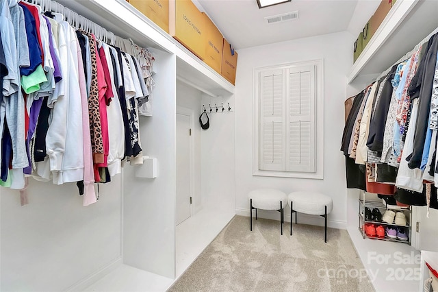 walk in closet with light carpet