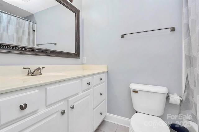 bathroom featuring walk in shower, vanity, toilet, and tile patterned flooring