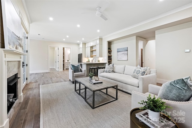 living room with sink, crown molding, light hardwood / wood-style floors, and a premium fireplace