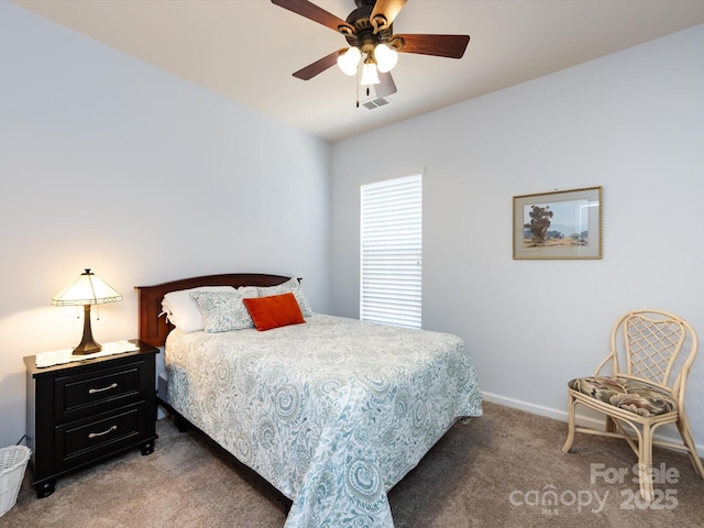 bedroom with light carpet, baseboards, visible vents, and ceiling fan