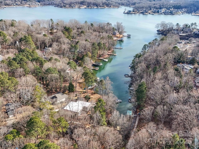 drone / aerial view featuring a water view