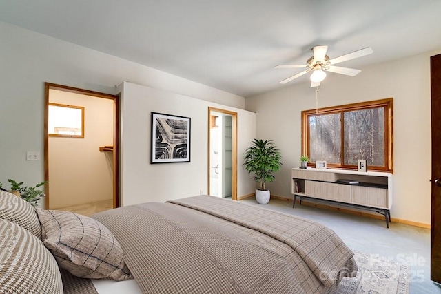 bedroom with light colored carpet and ceiling fan