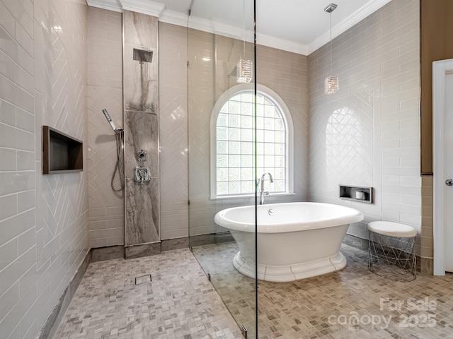 bathroom featuring plus walk in shower, ornamental molding, tile walls, and tile patterned floors