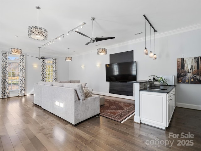 living room with sink, dark hardwood / wood-style flooring, ceiling fan, crown molding, and track lighting