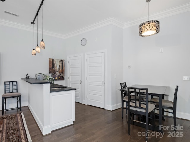 kitchen with pendant lighting, dark wood-type flooring, and kitchen peninsula