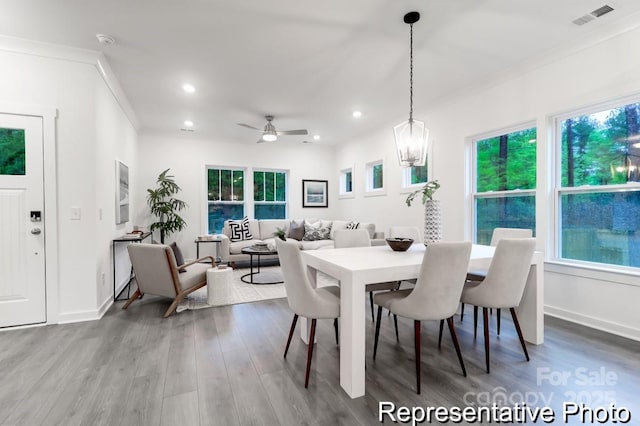 dining space featuring ceiling fan, ornamental molding, and wood-type flooring