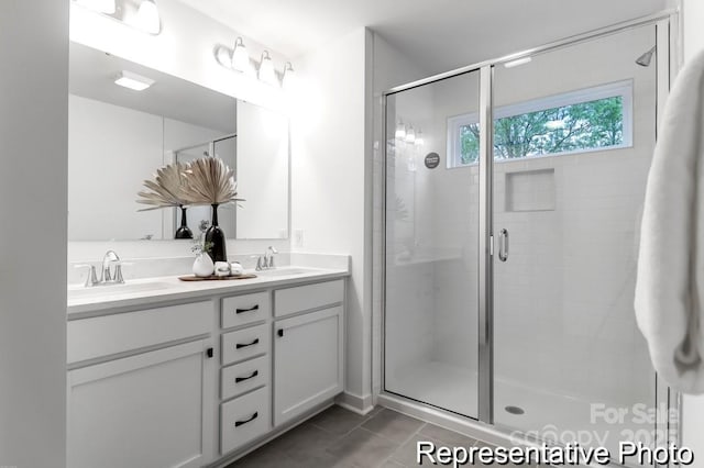 bathroom featuring vanity, tile patterned floors, and walk in shower