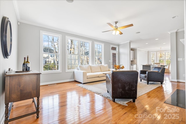 living room featuring ceiling fan, ornamental molding, and light hardwood / wood-style flooring