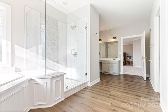 bathroom featuring hardwood / wood-style flooring, vanity, and an enclosed shower