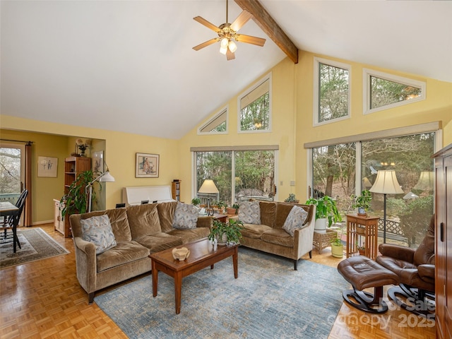 living room featuring beamed ceiling, ceiling fan, high vaulted ceiling, and light parquet floors