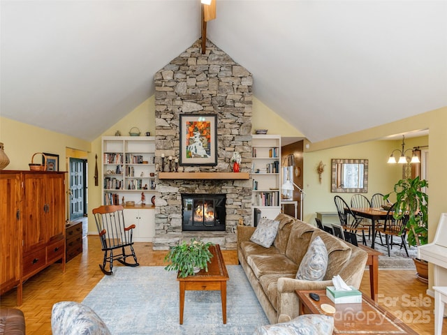 living room featuring light parquet flooring, a stone fireplace, a chandelier, and vaulted ceiling with beams