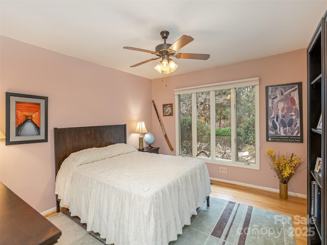 bedroom featuring ceiling fan and light hardwood / wood-style floors