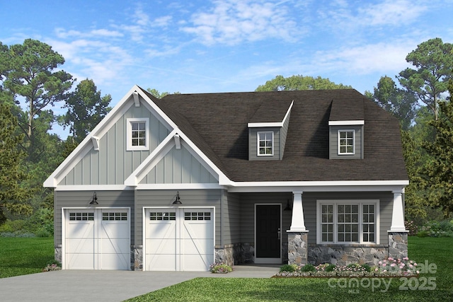view of front of property with stone siding, board and batten siding, driveway, and roof with shingles