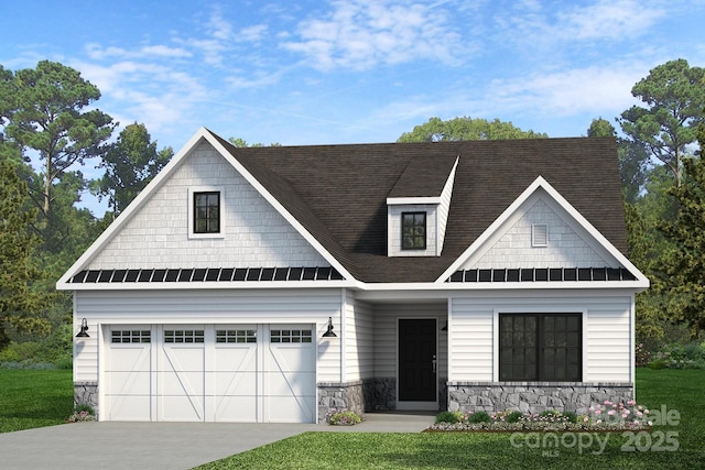 view of front of property with driveway, a shingled roof, an attached garage, and stone siding