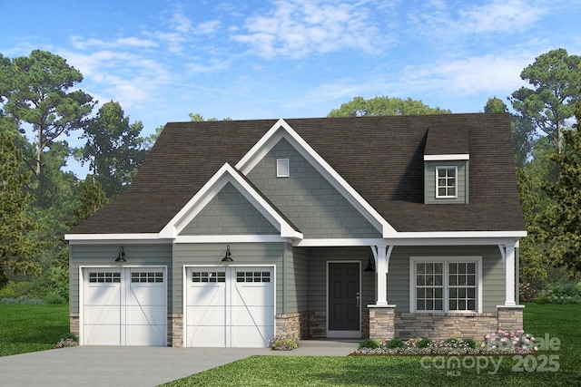view of front facade featuring stone siding, concrete driveway, roof with shingles, and an attached garage
