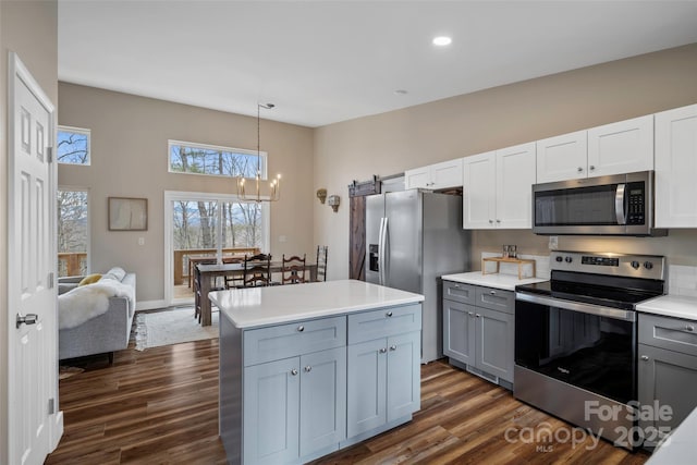 kitchen with dark hardwood / wood-style flooring, decorative light fixtures, gray cabinets, and stainless steel appliances