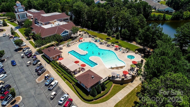 aerial view featuring a water view