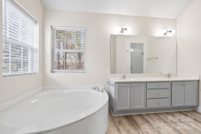 bathroom with vanity, independent shower and bath, and hardwood / wood-style floors