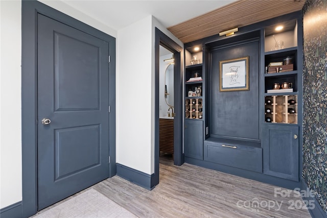 interior space featuring hardwood / wood-style flooring, sink, and built in features