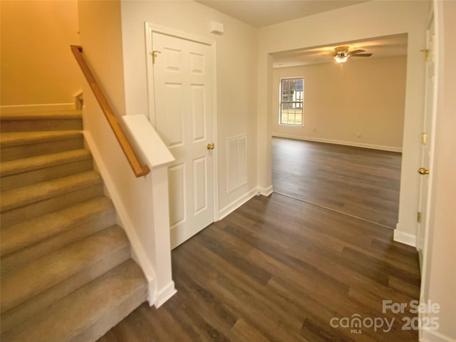 stairs with hardwood / wood-style flooring and ceiling fan