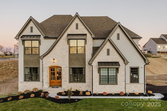 Lot11 Mayes Meadow Drive Devonshire, Cornelius, NC 28078 - french country home featuring stone siding, roof with shingles, a lawn, and french doors