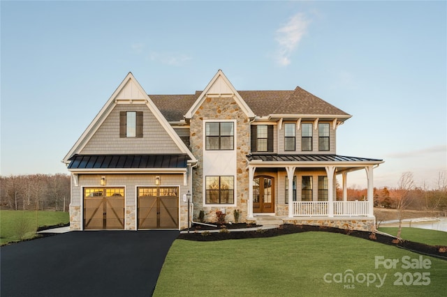 Lot11 Mayes Meadow Drive Devonshire, Cornelius, NC 28078 - view of front of home featuring a standing seam roof, stone siding, driveway, and a porch