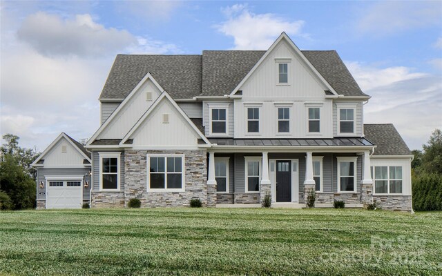 Lot11 Mayes Meadow Drive Devonshire, Cornelius, NC 28078 - craftsman inspired home featuring stone siding, covered porch, a shingled roof, a standing seam roof, and a front yard