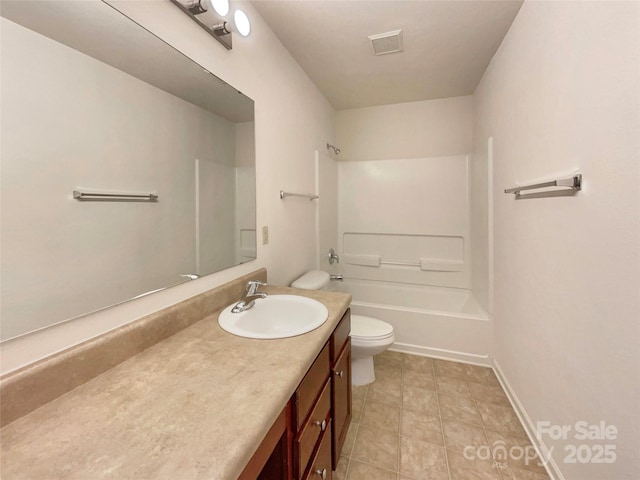 full bathroom with shower / bath combination, vanity, tile patterned floors, and toilet