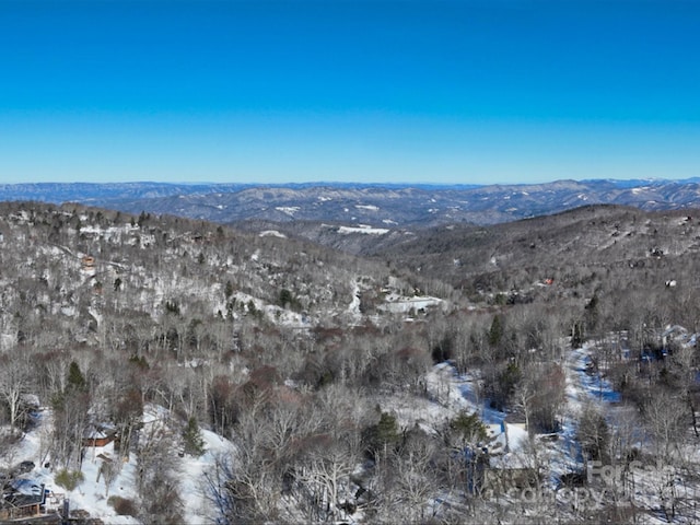 snowy aerial view with a mountain view