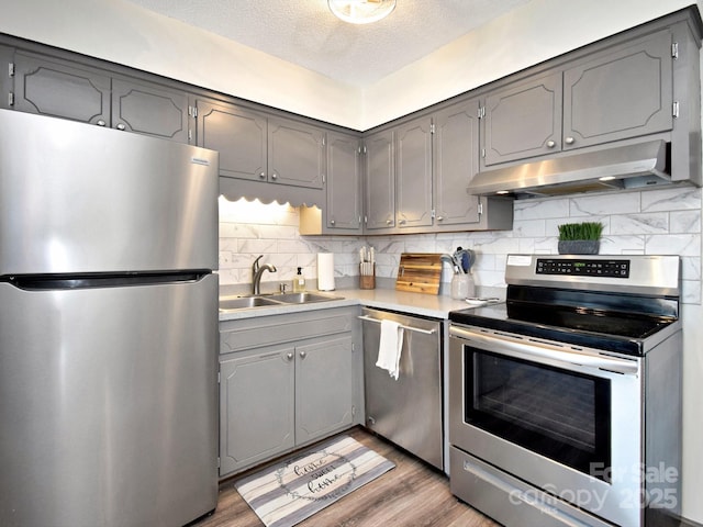 kitchen with stainless steel appliances, sink, light hardwood / wood-style flooring, and decorative backsplash