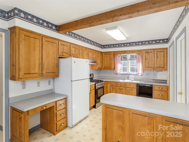 kitchen with gas stove, white refrigerator, dishwasher, beam ceiling, and backsplash