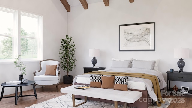 bedroom featuring beam ceiling and light hardwood / wood-style floors