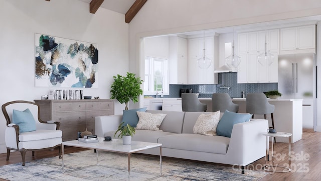 living room with beam ceiling, high vaulted ceiling, and wood finished floors