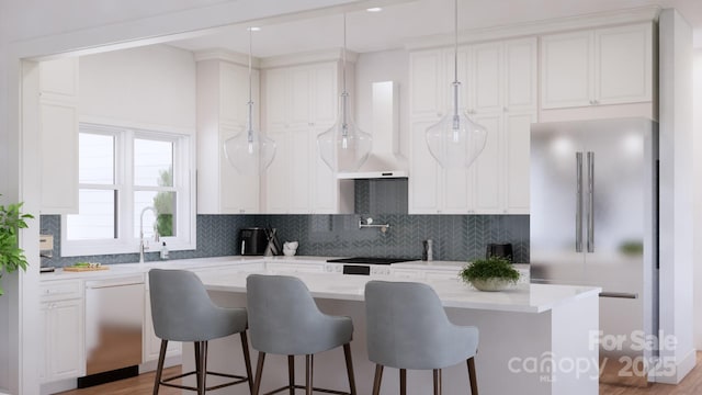 kitchen featuring white cabinetry, dishwasher, high quality fridge, and light countertops