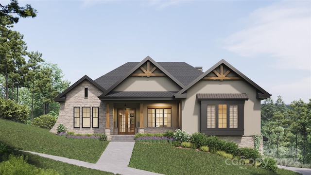 view of front of home featuring stone siding, stucco siding, french doors, and a front lawn